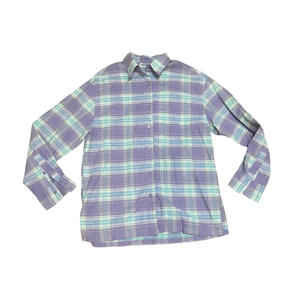 VTG White Stag Women's Small Coastal Purple Teal Plaid Linen Cotton Button Down